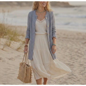 J Mclaughlin Fringe Cardigan Sweater Size XS Blue Cream Button Up Spring Beachy